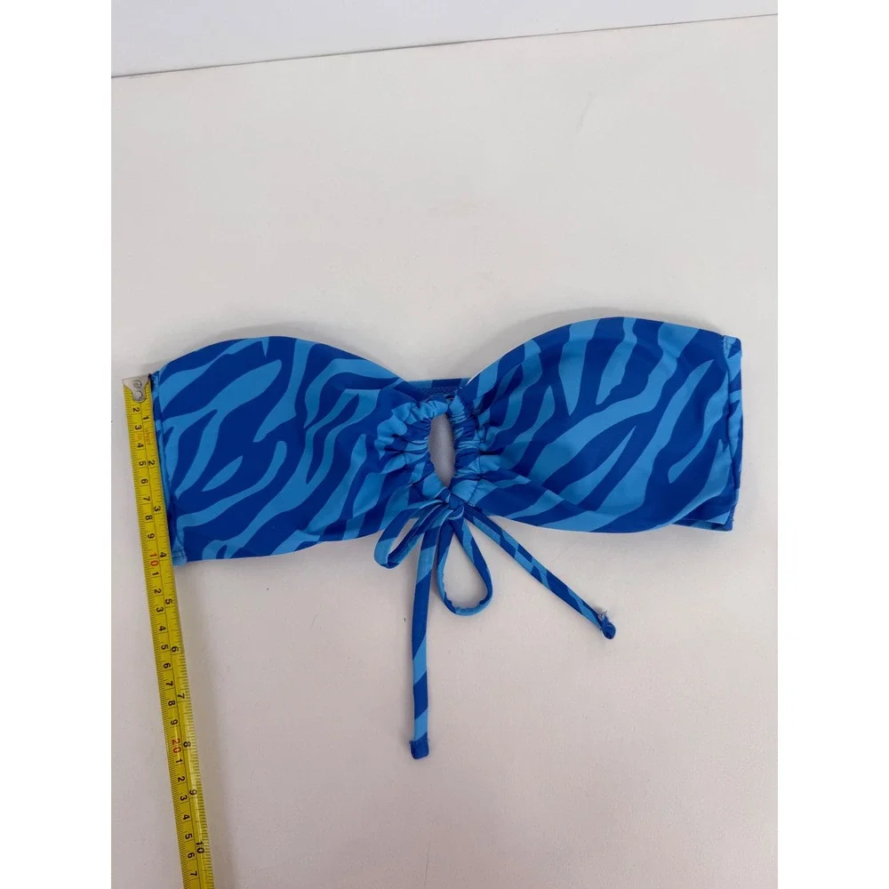 Blue Zebra Print Bandeau Bikini Top Keyhole Tie Strapless Swimwear Sz M